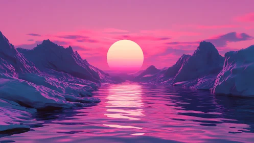 Neon magenta polar seascape with low sun and reflective water