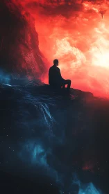 Solitary dreamer studies the molten sky above abyssal mist