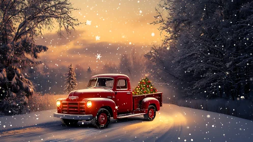 Vintage red pickup illuminates snowy forest road at dusk