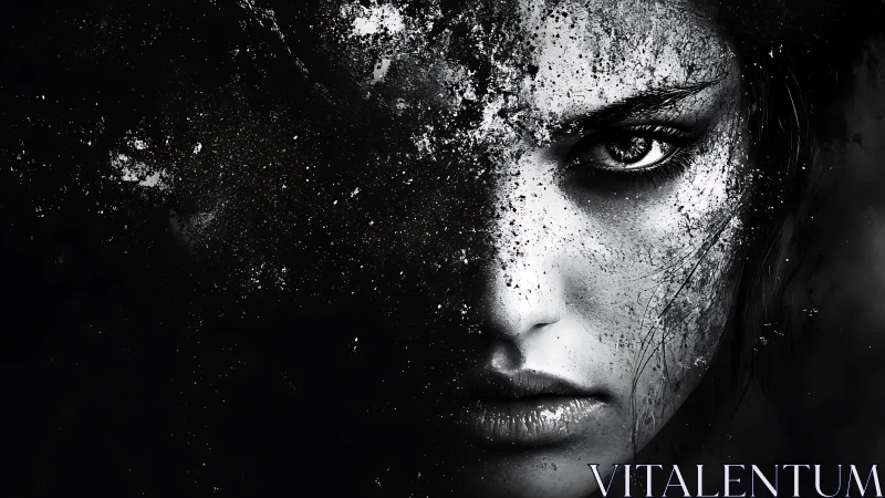 Granular monochrome portrait with fragmented particle erosion.
