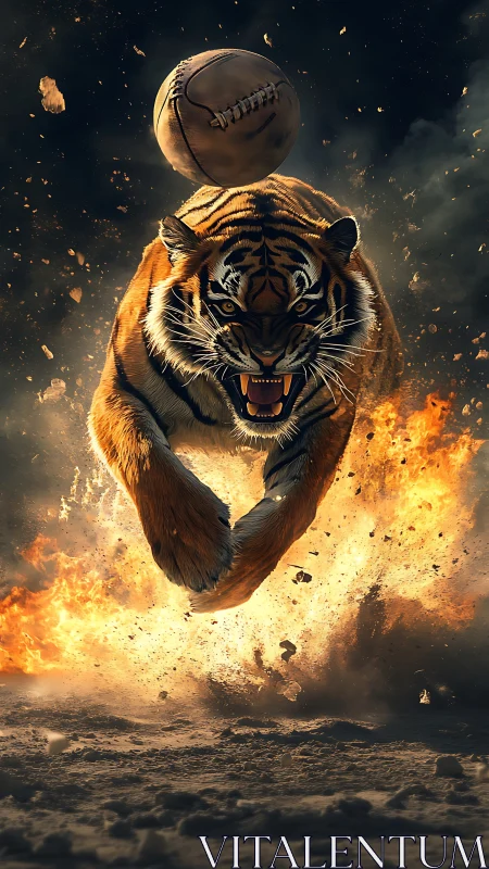 Tiger leaps forward beneath suspended football amid flames