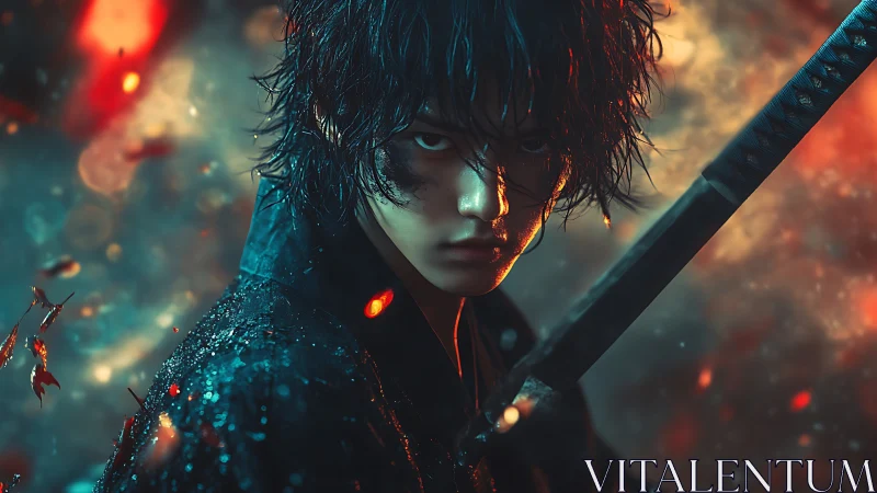 Sword-bearing figure in dramatic bokeh and colored backlight