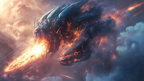 Molten sky serpent breathing fire through stormy clouds.