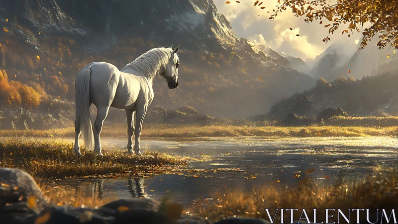 Digital painting of white horse by autumnal mountain lake.