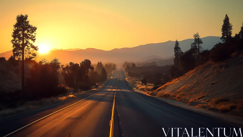 Sunlit highway receding toward hazy mountains at golden hour