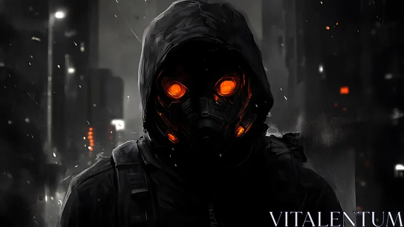Hooded masked figure with orange illuminated eyes at night.