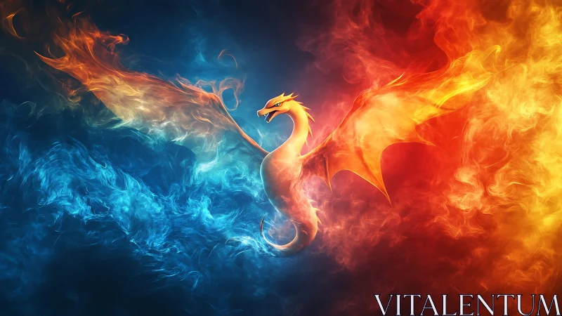 Fiery dragon poised between blue frost and golden flame.