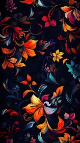Floral pattern with multicolored stylized blossoms on black.