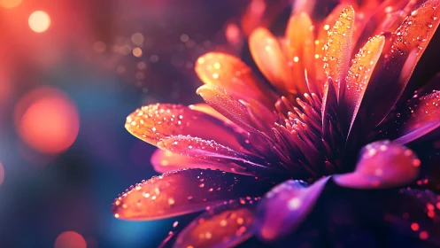 Dewdrop-Covered Flower Petals Glowing in Warm Light
