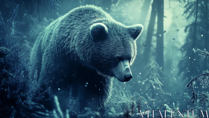 Luminous bear wandering through misty teal forest night.