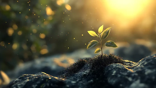 Young plant growing from mossy rock in golden sunrise light, soft focus.