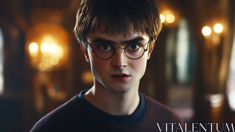 Young man with round glasses in warm candlelit hall.