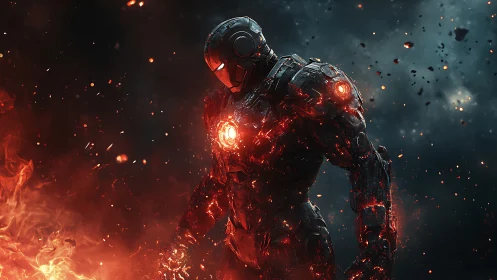 Armored fire mecha strides through blazing inferno storm.