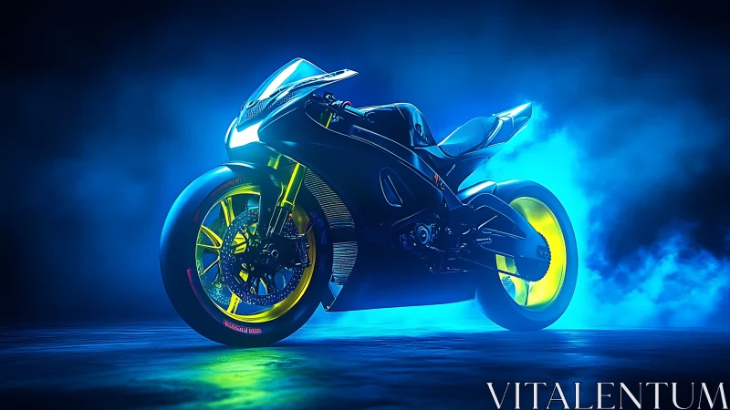 Neon-lit futuristic sport motorcycle rests in blue studio haze