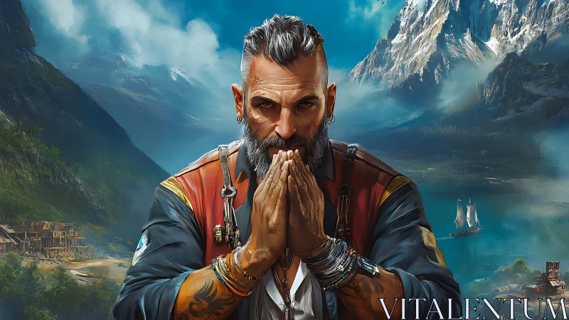 Bearded adventurer in prayer pose before alpine fjord landscape