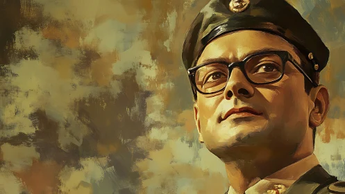 Military officer portrait in uniform against painted backdrop.