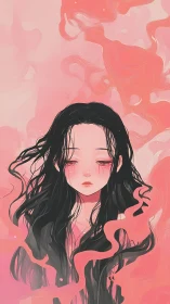 Digital portrait shows girl with flowing hair in pink mist
