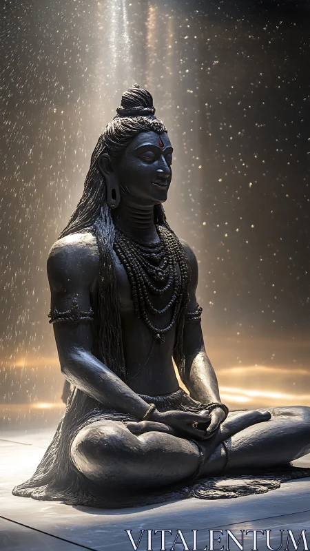 Bronze meditative deity statue in focused studio lighting.