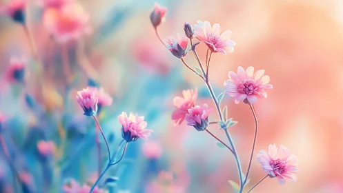 Selective focus captures pastel pink blossoms against bokeh field
