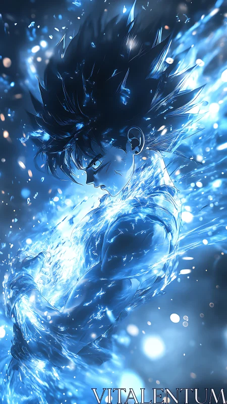 Blue energy-charged anime warrior in explosive aura surge.