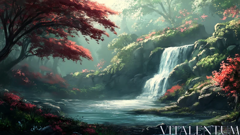 Enchanted forest waterfall shimmers amid crimson blossom groves.