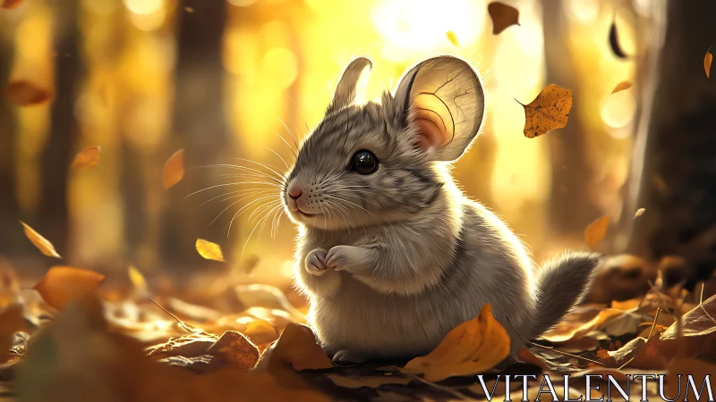 Autumn forest chinchilla study with backlit fur and foliage.