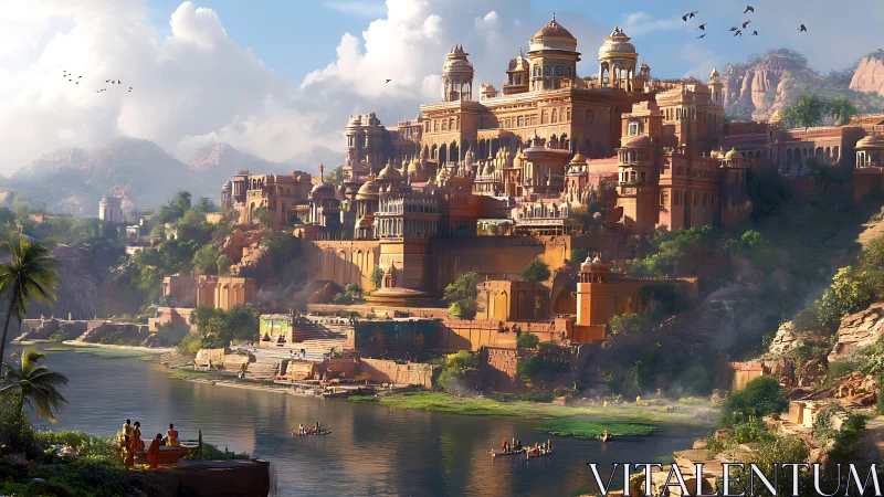 Golden riverside palace city glowing in gentle evening light.