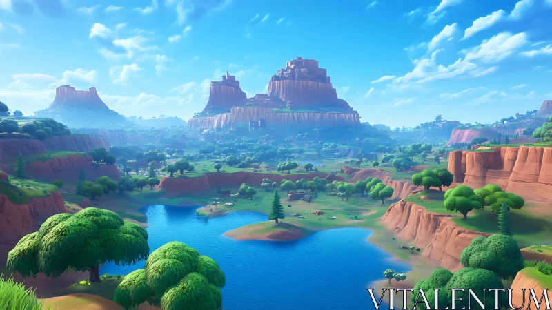 Sunlit mesas guard a lush river valley in playful clarity.