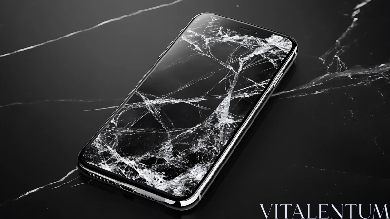 Smartphone with extensively shattered glass screen on surface.