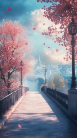 Bridge walkway beneath pink trees facing river and distant town