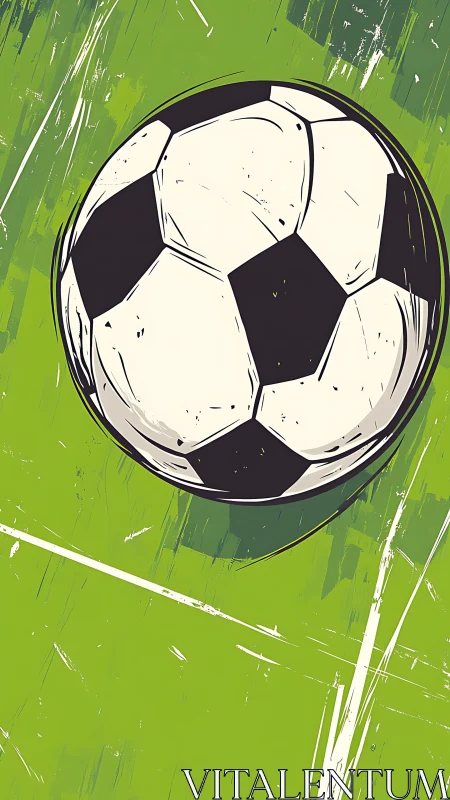 Soccer ball illustration floats over stylized green field