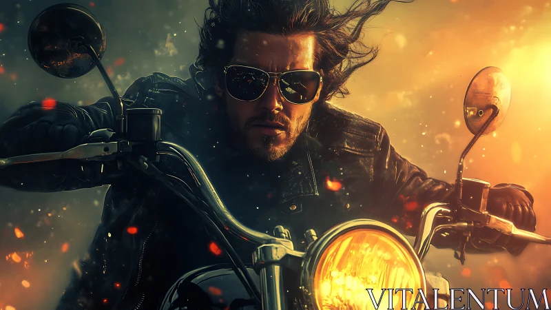 Motorcycle rider leans forward with headlight flaring brightly