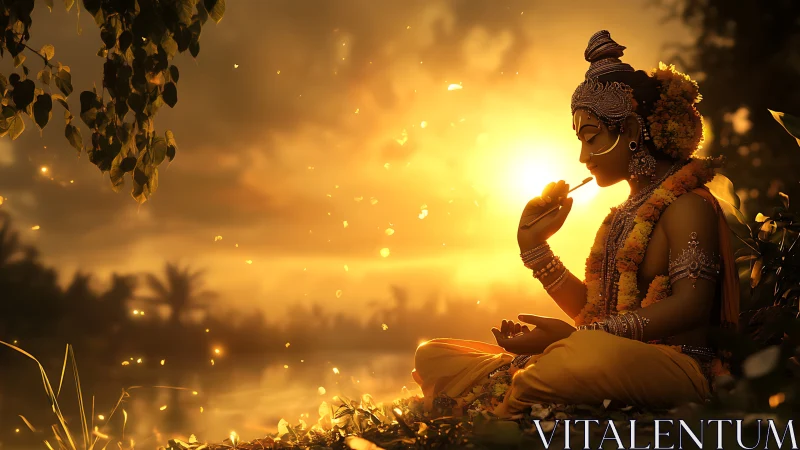 Sunlit river deity in golden meditation by glowing water.