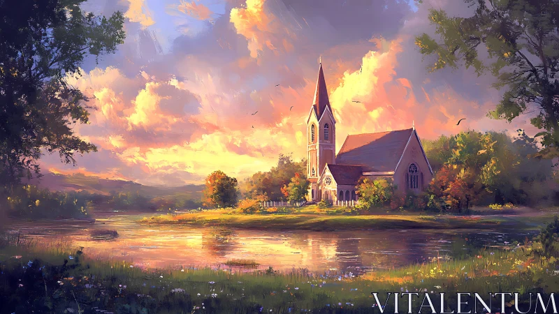 Sunlit riverside chapel dreaming beneath painted clouds.