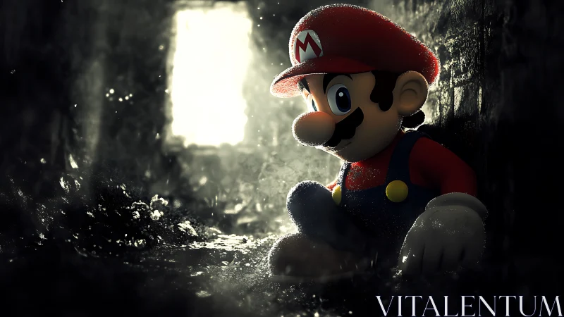 Cinematic 3D render of plumber character in wet tunnel gloom