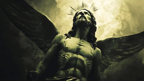 Winged male figure with halo rendered in dramatic lighting