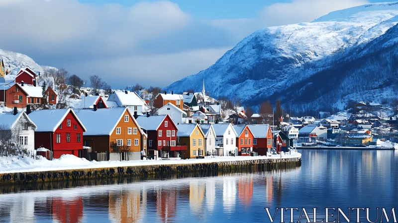 Colorful Nordic harbor houses reflect on calm winter fjord