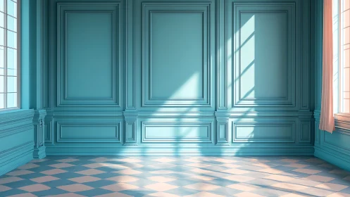 Sunlit teal salon where quiet geometry performs. Period.