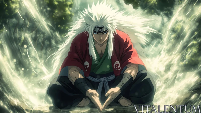 White haired anime warrior focuses in front of waterfall.