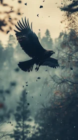 Majestic eagle soars through misty forest twilight sky
