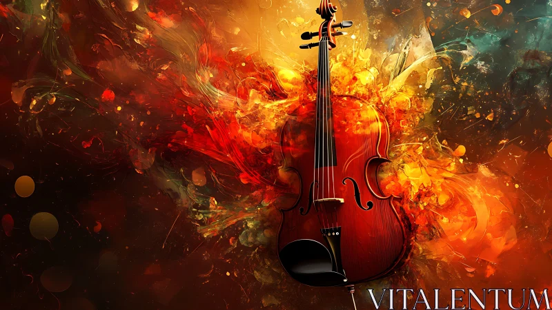 Violin surrounded by fiery abstract orange and red bursts.