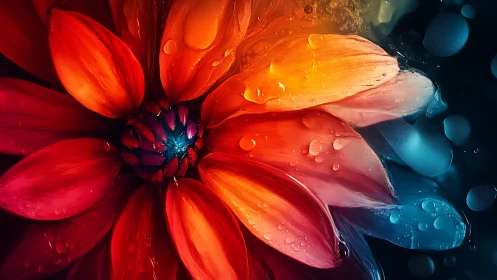 Radiant dahlia petals glisten with water droplets in warm light