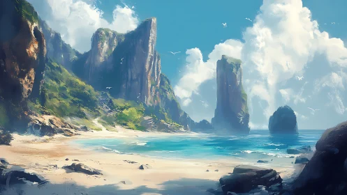 Digital Landscape Rendering of Coastal Rock Formations with Beach