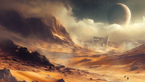 Desolate alien desert with colossal ruins under looming planet.