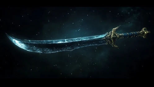 Gleaming cosmic ice blade floats in a calm starry void