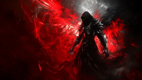 Dark winged reaper strides through violent crimson storm.
