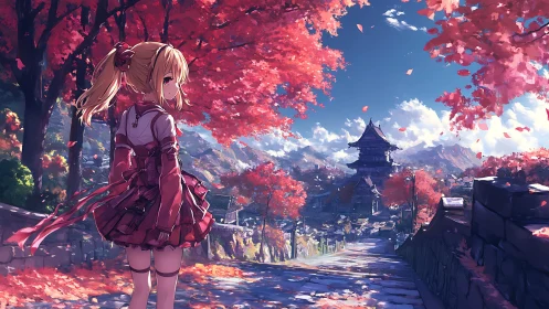 Anime girl under autumn maples on temple hillside path.
