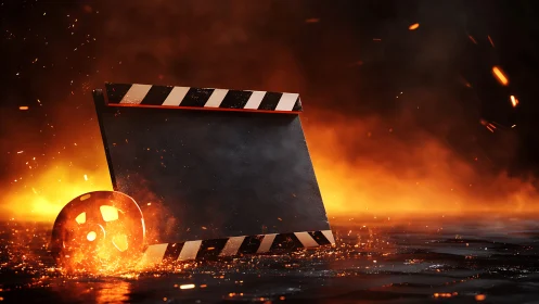 Cinematic clapboard and film reel emerge amid fiery backlight