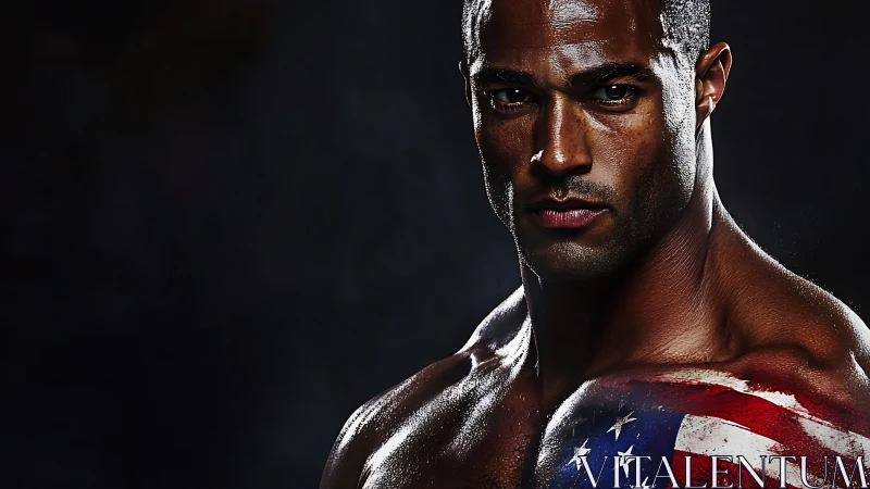 Patriotic muscular portrait with painted American flag shoulder.
