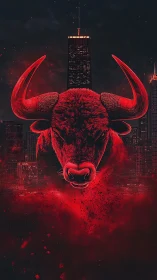 Red bull head dominates dark city skyline with glowing horns